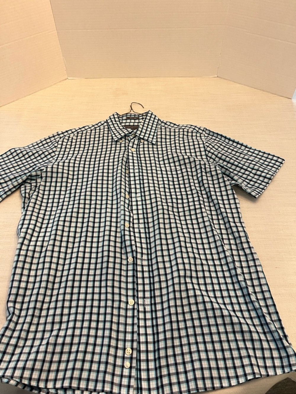 Men's Short-Sleeve Button-Up Check Shirt - Blue/White Saddlebred Size L Like New